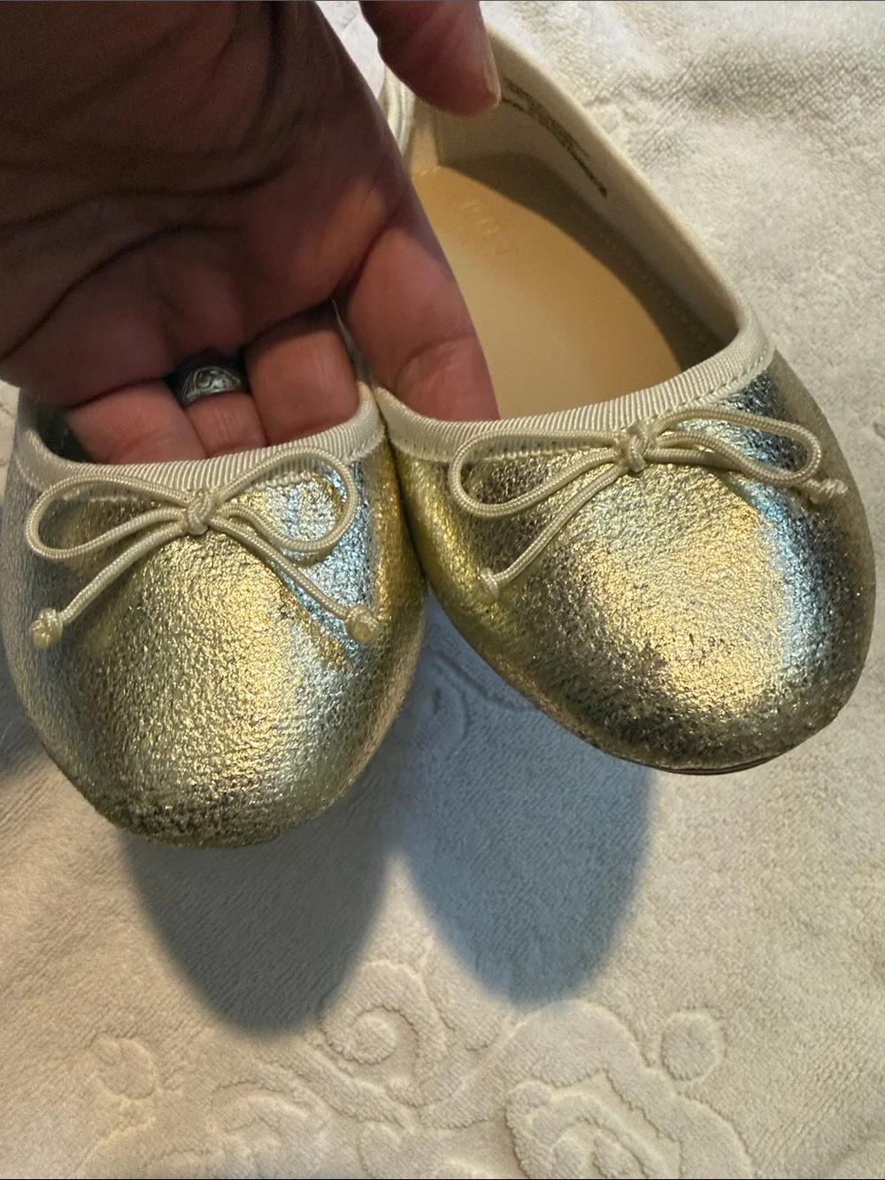 J. Crew Gold Metallic Ballet Flats with Bow Trim